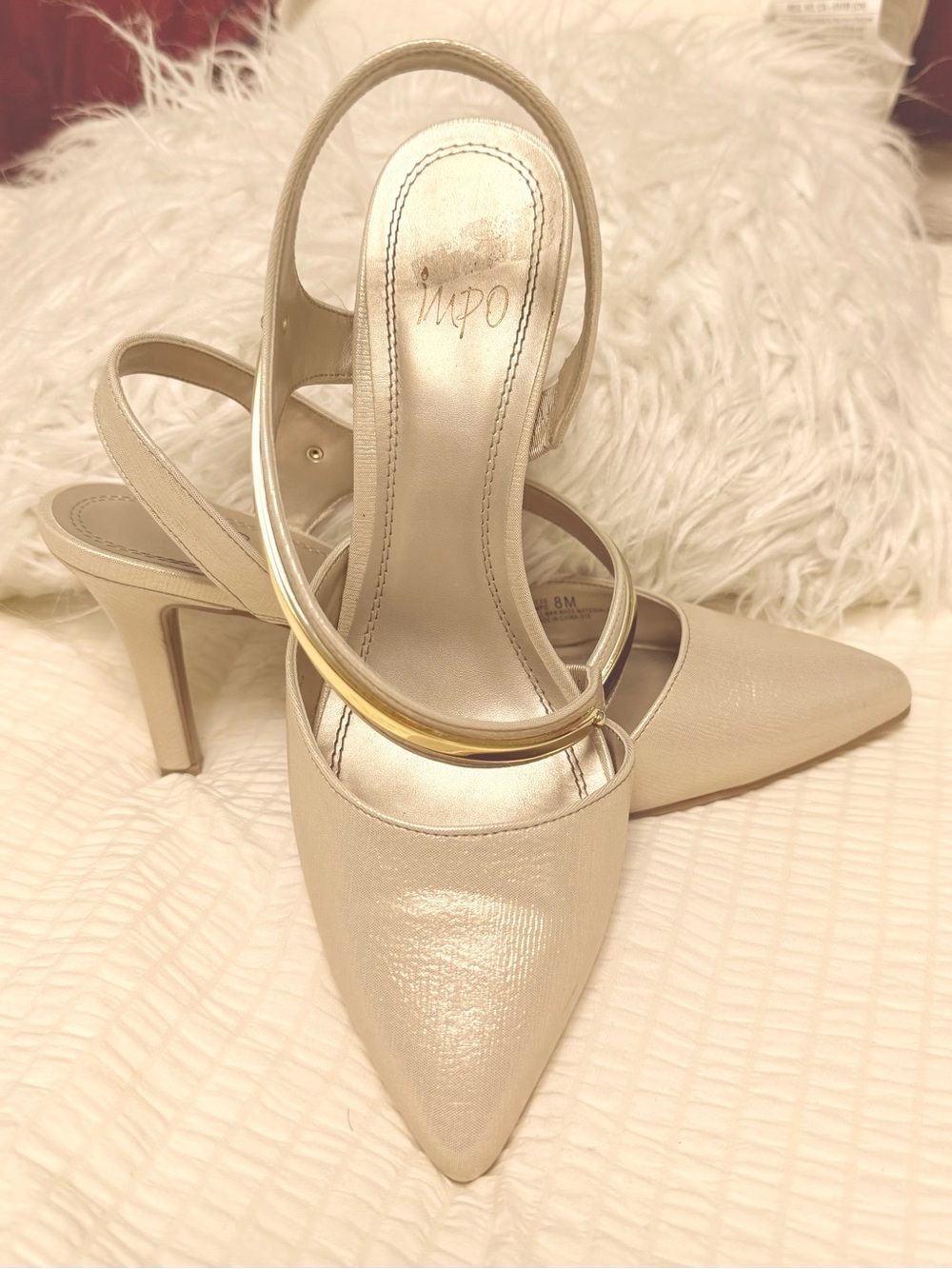 Impo Beige Pointed Toe Slingback Heels with Gold Accent